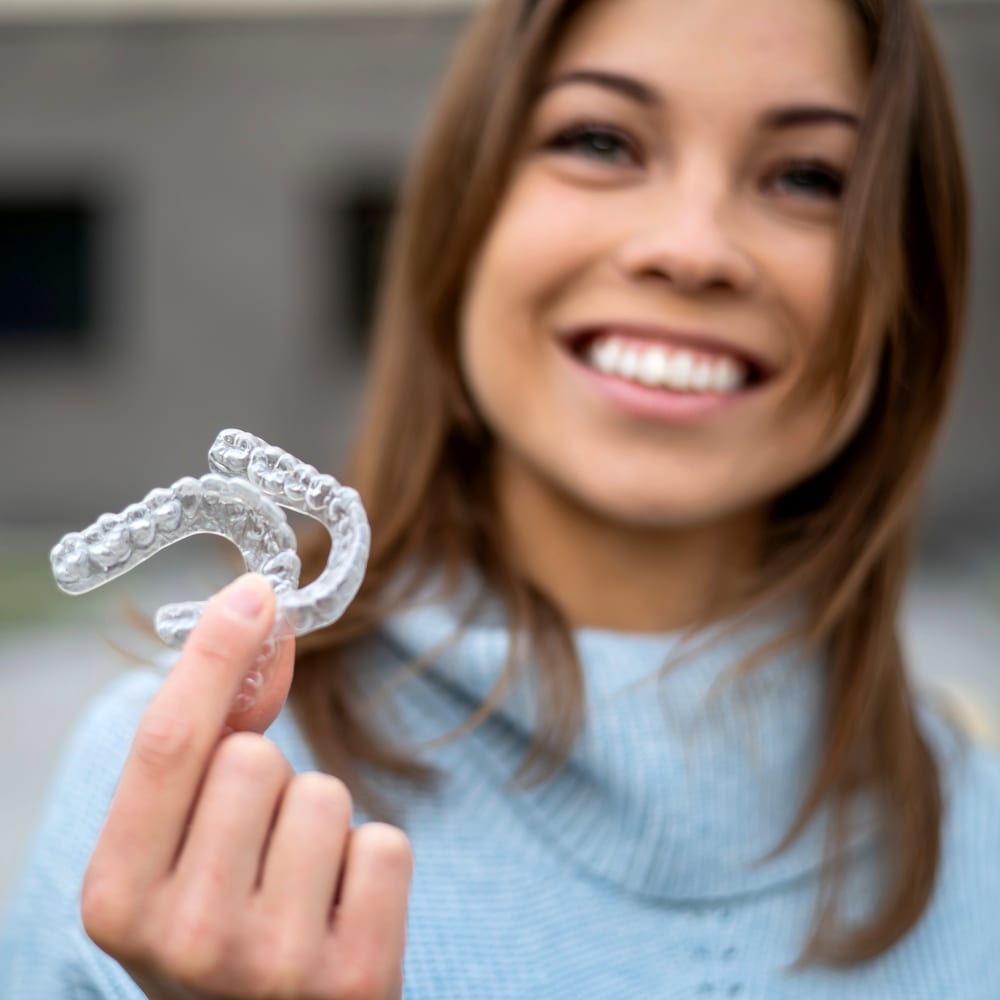 A girl with long hair stands slightly out of focus, smiling. In focus is a set of clear aligners which she is holding up in her right hand.